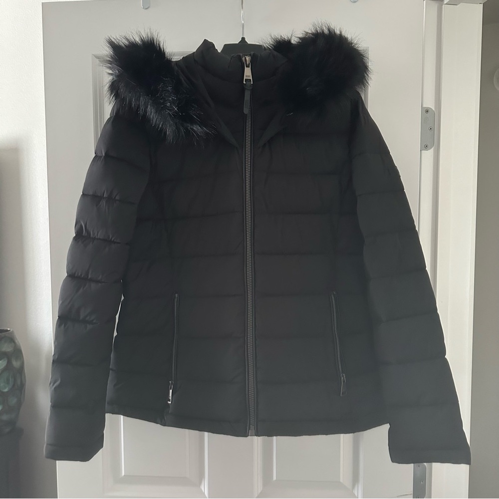 DKNY Black Puffer Jacket Fur Hood